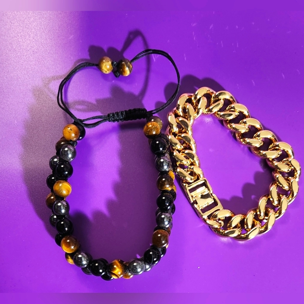 Bracelets Tigers eye beads and metal chain bracelet